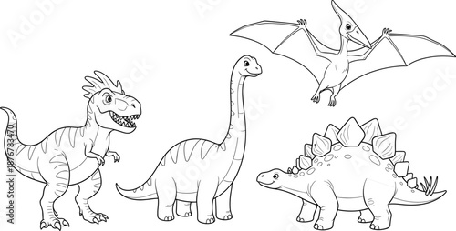 Cartoon dinosaur illustration set, T. rex, Brachiosaurus, Pteranodon, Stegosaurus, cute prehistoric animals, black and white vector, children’s educational drawing