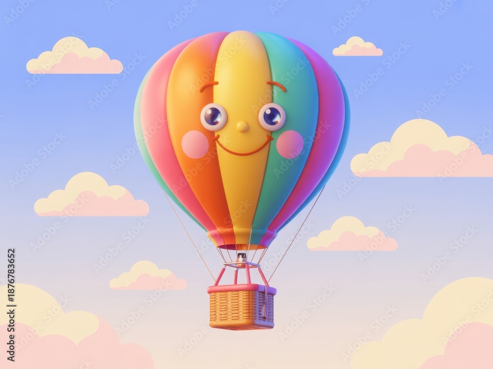 Obraz premium Hot air balloon soars above pink clouds. Travel poster, postcard, vacation