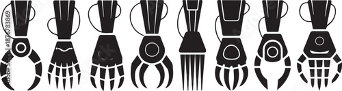 Collection of diverse robotic grippers and claws for industrial automation