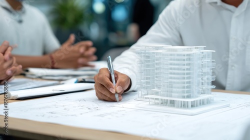 a real estate agent is holding an architectural model of the apartment building while sitting at his desk.