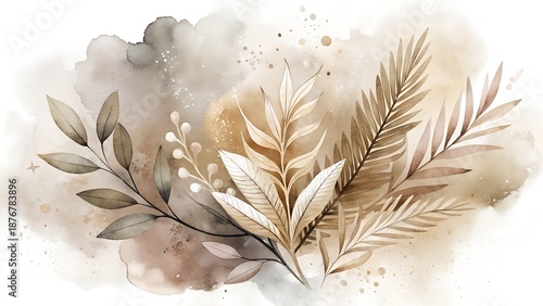 Earthy Watercolor Floral Arrangement with Delicate Leaves and Berries