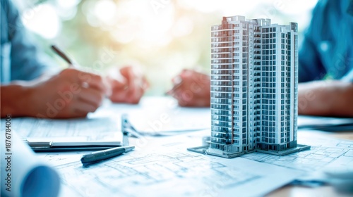 a real estate agent is holding an architectural model of the apartment building while sitting at his desk.