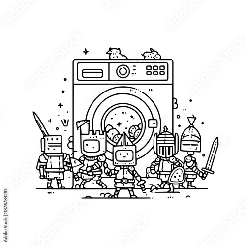 Robots Washing Clothes in Washing Machine with Swords