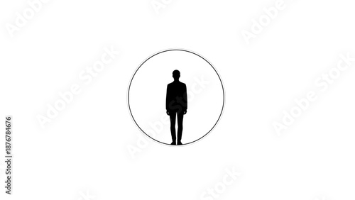 Silhouette of a man standing inside a circle on a white background symbolizing isolation or focus