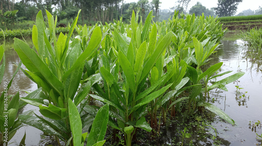 Obraz premium Lush aquatic plants thrive in a wetland, with vibrant green foliage reflecting nature's resilience and beauty in a serene setting.