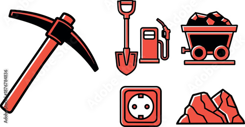 Flat design red and black mining tools pickaxe shovel coal cart gas can vector icons set