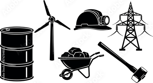 Silhouette energy icons including oil barrel wind turbine mining helmet and electricity pylon in black vector art