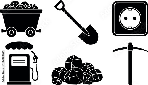 Black silhouette icons of coal cart shovel pickaxe gas pump fuel power socket and coal pile vector