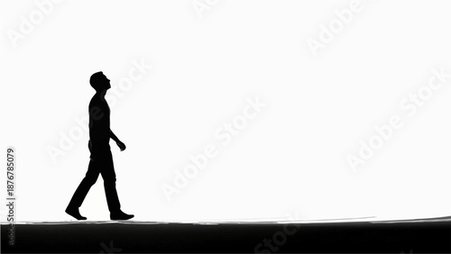 Man walking alone on a path with a white background silhouette illustration for concepts of solitude and movement