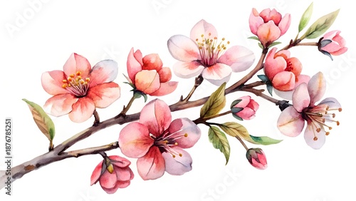 Delicate Pink Cherry Blossoms Branch With Green Leaves Isolated On White Watercolor Painting