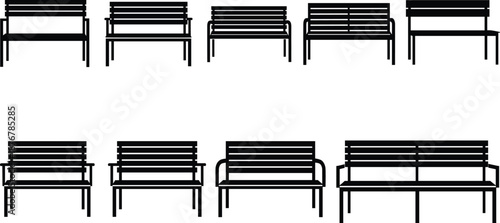 Park bench silhouette collection with different designs and perspectives, outdoor street furniture black flat vector illustration set