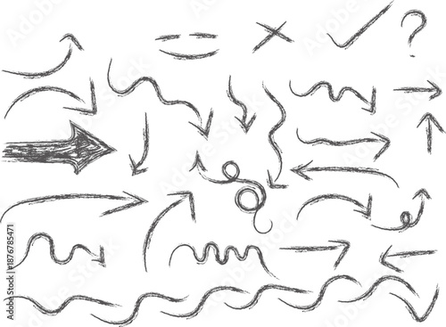 Dynamic black and white doodle elements including stars, arrows, swirls, and scribbles perfect for adding a playful, energetic touch to designs and projects.