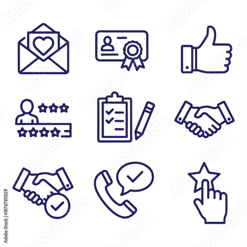A collection of business icons representing customer service and feedback