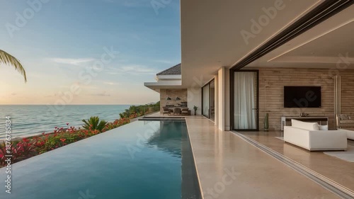 Wallpaper Mural Capturing infinity pool and terrace reflecting sunset, sun moving toward horizon, with palm frond Torontodigital.ca