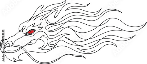 Minimalist Continuous Line Drawing of a Mythical Dragon Head with a Glowing Blue Eye Representing Power Strength Fantasy and Legend