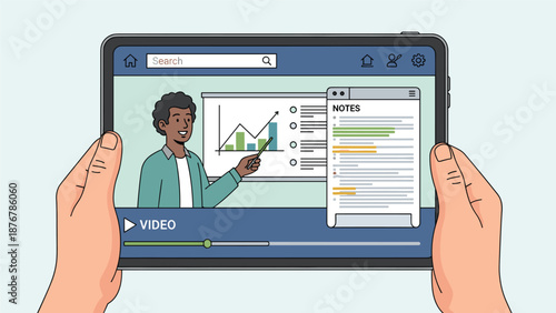 Hands holding a tablet displaying an online learning session with a teacher presenting on a whiteboard and notes on the side, illustrating remote education.