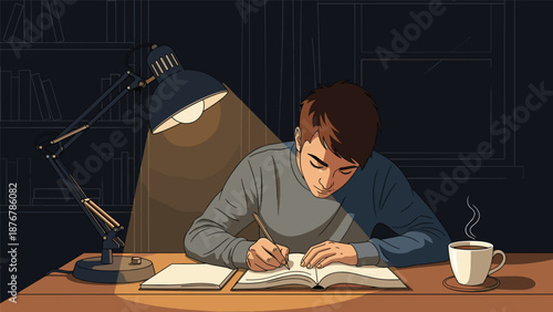 A young man sitting at a desk at night, writing in a notebook under a desk lamp with a cup of coffee, depicting focused study and work.