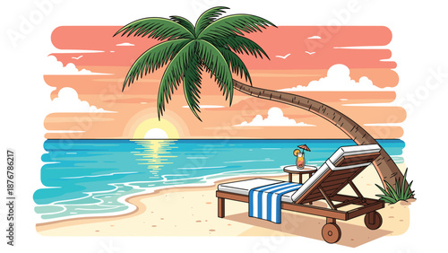 A tropical beach at sunset with a palm tree, lounge chair, and a cocktail, creating a perfect scene for relaxation and vacation.