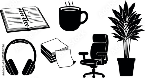 Black and white minimalist icon set including office chair plant headphones coffee cup notebook and paper stack
