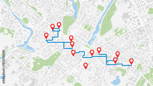 A city map with a blue route marked by red location pins, indicating a specific path or journey through the urban landscape.