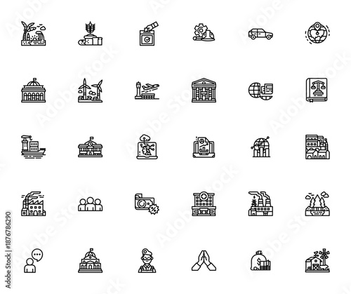 Government icon set. Vector symbols for election, law, economy, taxes, capital, and more including airport, hospital, school, and factory. Editable thin line icons.