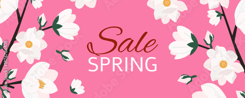 Spring sale banner with white flowers on pink background for seasonal promotions. Vector illustration