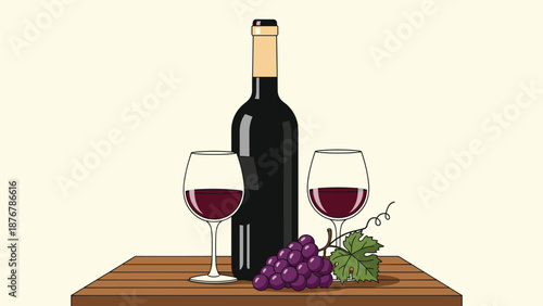 A bottle of dark red wine with two glasses filled with wine and a bunch of purple grapes, suggesting a sophisticated wine experience.