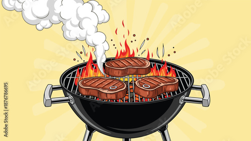 Steak sizzling on a barbecue grill with flames and smoke, suggesting outdoor cooking and grilling.
