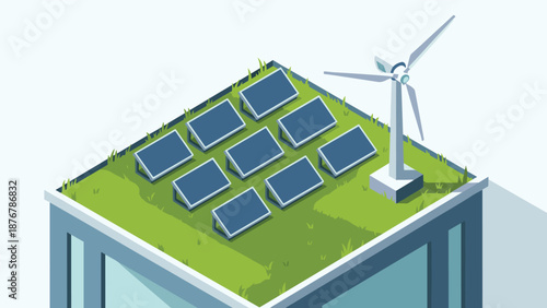 A building rooftop with solar panels and a wind turbine, showcasing sustainable energy solutions and green technology.