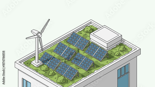 A rooftop view of a building featuring solar panels and a wind turbine, illustrating renewable energy and sustainable technology.