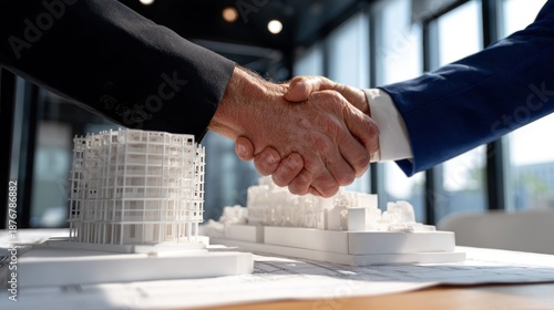 close-up photo of two people shaking hands over an office desk with blueprints and architectural models on
