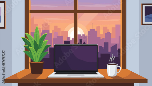 A laptop and a steaming cup of coffee on a desk in front of a window overlooking a city skyline at sunset, creating a cozy work-from-home atmosphere.