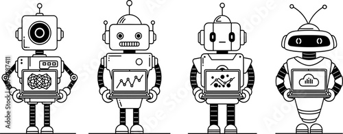 Robot data science illustration, AI and cloud computing concept, futuristic characters with laptops, black and white vector, analytics and tech icons