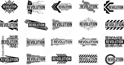 Revolution logo set, black and white graphic designs, abstract tech motifs, futuristic branding, vector typography, QR code elements, innovation concept, digital identity