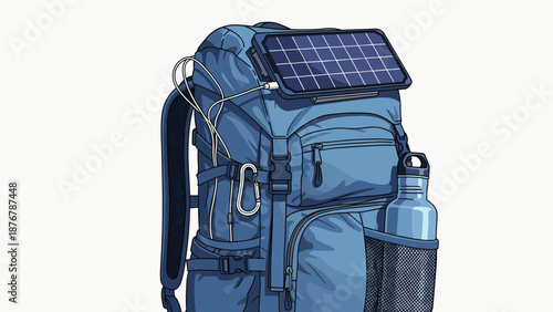 A blue backpack equipped with a solar panel and a water bottle, suggesting outdoor adventure, hiking, and sustainable travel.