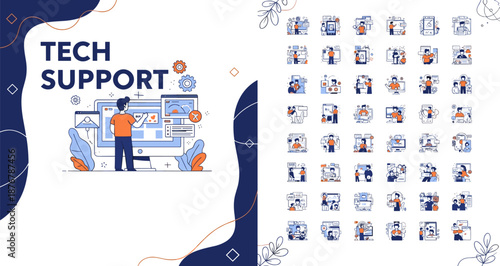 Tech support illustration, IT service concept, troubleshooting icons, customer assistance, digital maintenance, computer help desk, technical support vector, modern design