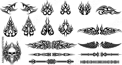 Tribal tattoo design collection, flame motifs, wing patterns, skull art, symmetrical tribal bands, abstract shapes, black ink, ornamental body art, vector illustration