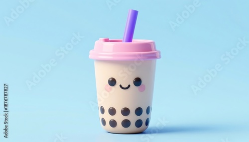 Cute 3D Bubble Tea Character with Smiling Face and Kawaii Style