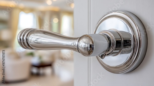 the focus is on the house-shaped key and its polished chrome finish, with an out-of-focus background of a modern living room in soft lighting. the door handle stands against a white wall. 