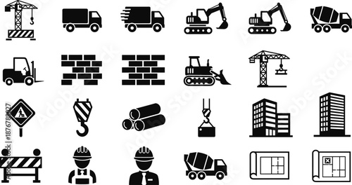 Construction and building icon set featuring machinery, tools, materials and safety symbols, black silhouette industrial elements collection for engineering and architectural design use