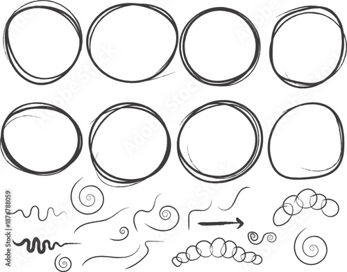 Vector art of a set of eight handdrawn circular frames or borders, presented in two rows of four, with a slightly imperfect, sketchy quality, ideal for adding a unique touch to designs