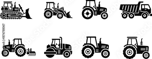 Construction vehicle icon set featuring tractors, loaders, bulldozers and dump trucks, black silhouette heavy machinery for industrial design projects