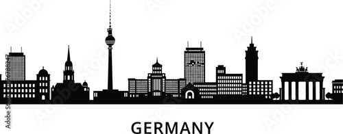 Germany city skyline silhouette featuring Berlin landmarks, modern urban architecture and iconic monuments, black cityscape illustration for travel and design