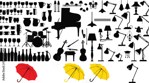 Home interior and lifestyle silhouette collection featuring furniture, lighting, musical instruments, tableware and umbrellas, decorative household objects set for design projects
