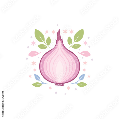 An illustrated onion with leaves and stars surrounding it, viewed from directly above in a floral arrangement