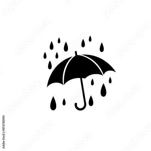 Minimalist black silhouette icon of an open umbrella with numerous falling raindrops, symbolizing weather protection, shelter from precipitation, rainy conditions, and essential gear for wet days