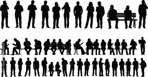People silhouettes collection showing standing and sitting men and women, diverse human figures in everyday poses, black crowd illustration for urban and social design