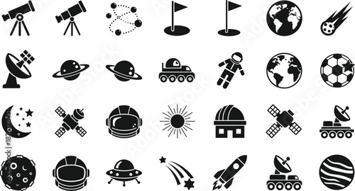 Space exploration and astronomy icon set featuring planets, satellites, astronauts and rockets, black silhouette science symbols collection for education and technology design
