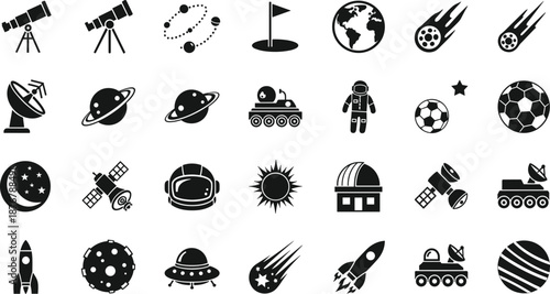 Space exploration and astronomy icon set featuring planets, satellites, astronauts and rockets, black silhouette science symbols for education and technology design