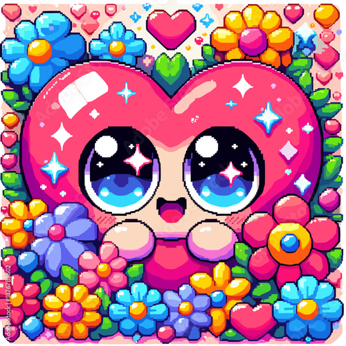 Cute pixel art heart character with big eyes surrounded by colorful flowers and sparkles